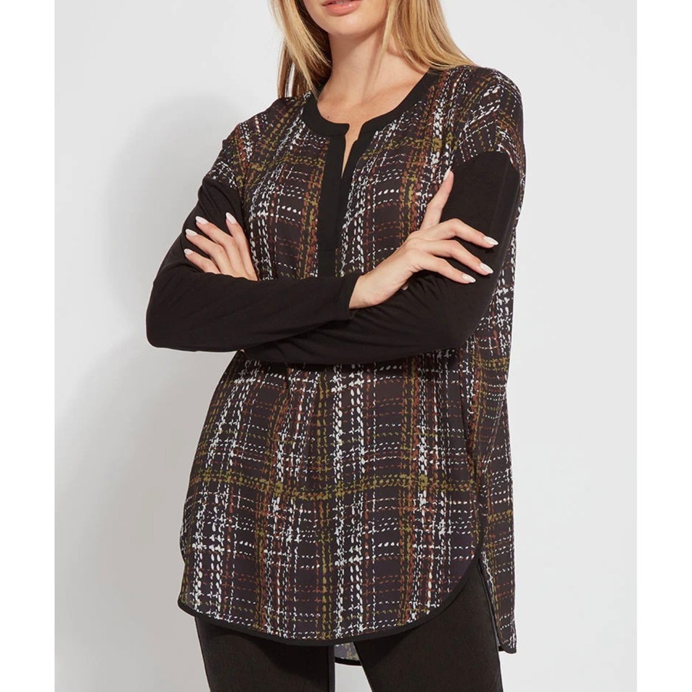 Lysse New York Womens Emily Mix Media Mineral Plaid Tunic Top Black Brown Medium